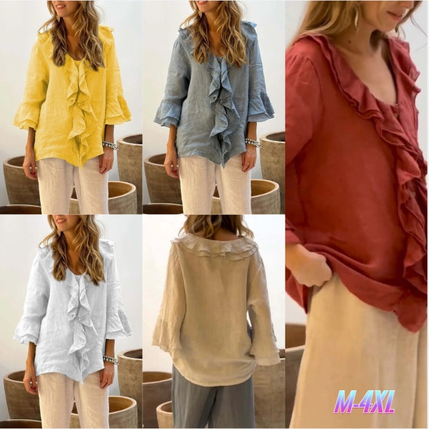 š„Hot Saleš„Damesblouse met rucheskraag en wijde mouwen