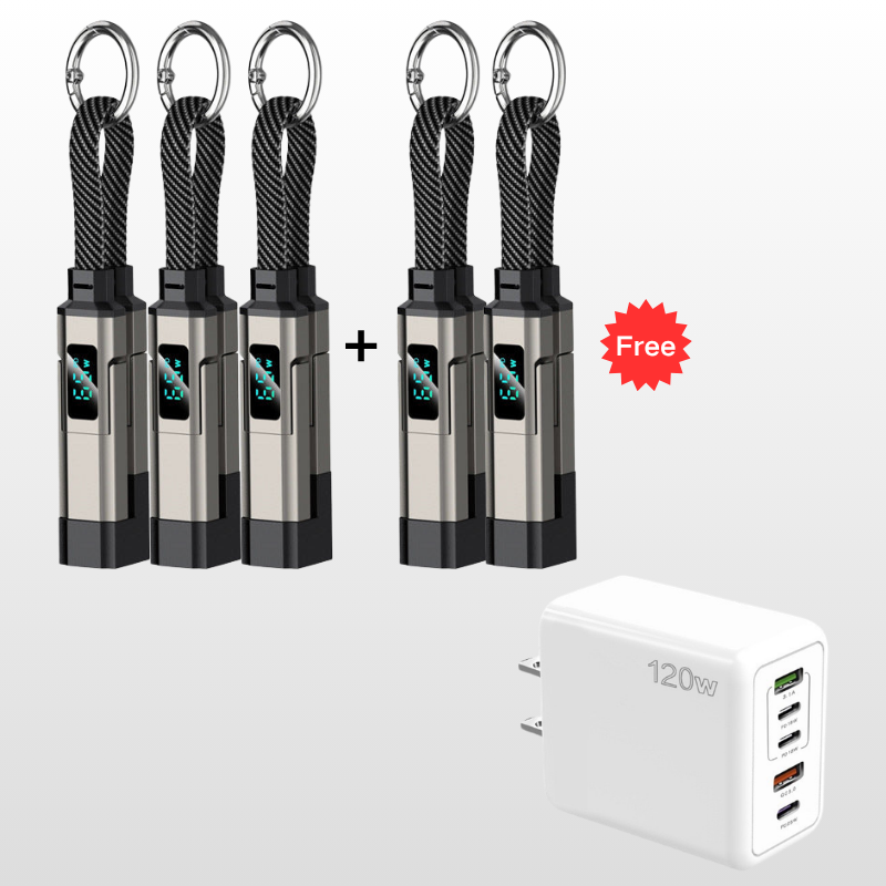 ๐ 4-in-1 Oplaadkabel met Digitaal Display & Sleutelhanger โ Snelladen, Knikbestendig & Compact
