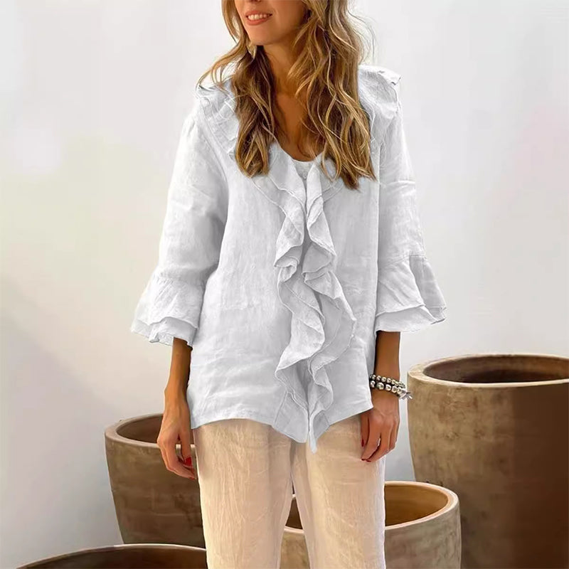 š„Hot Saleš„Damesblouse met rucheskraag en wijde mouwen