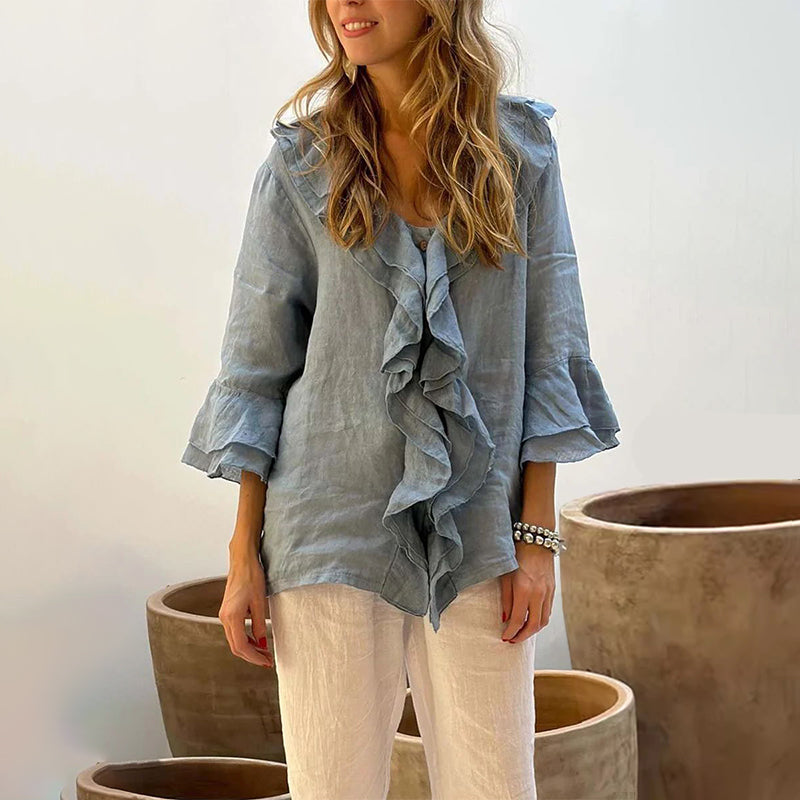 š„Hot Saleš„Damesblouse met rucheskraag en wijde mouwen