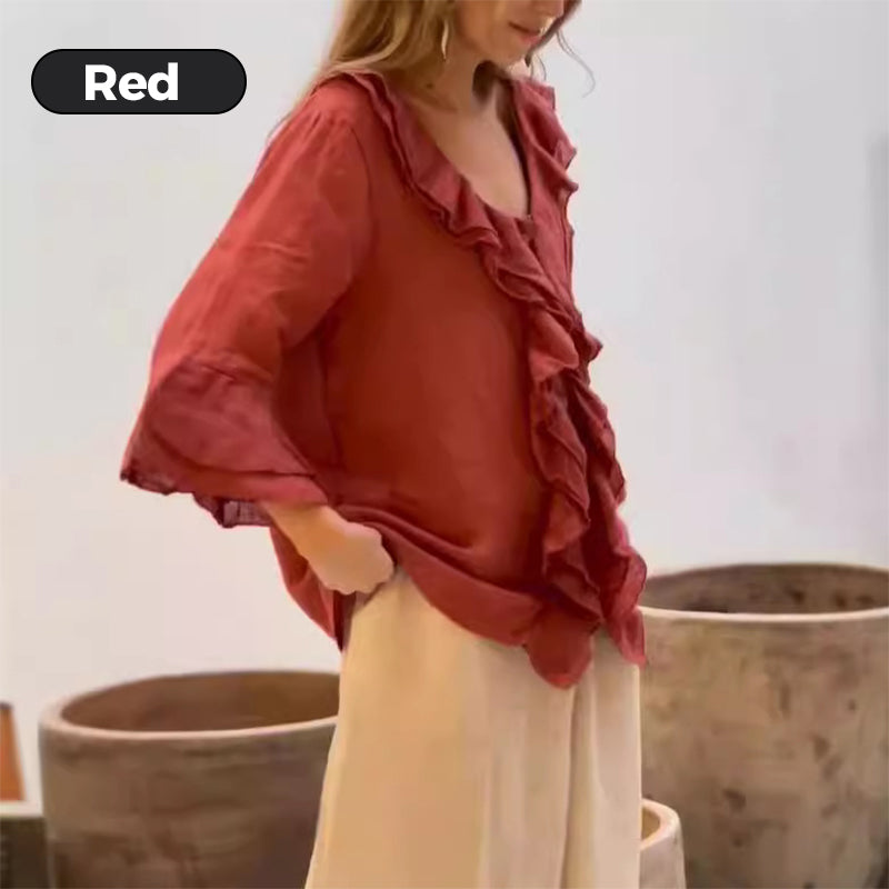 š„Hot Saleš„Damesblouse met rucheskraag en wijde mouwen