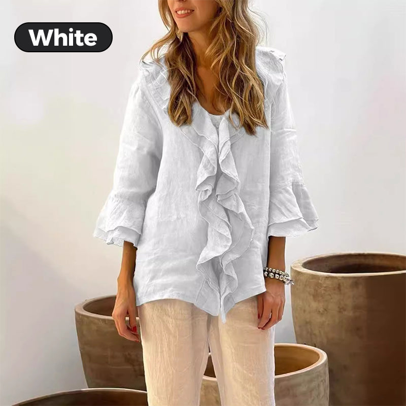 š„Hot Saleš„Damesblouse met rucheskraag en wijde mouwen