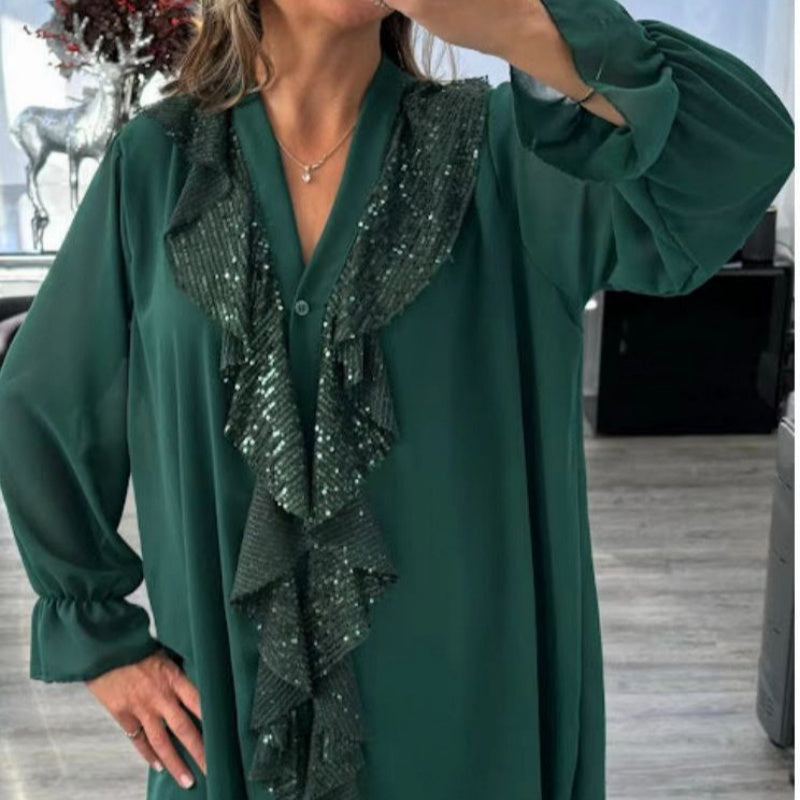 š„What should I wear tomorrow?šWomen's V-Neck Chiffon Sequin Long Sleeve Shirt