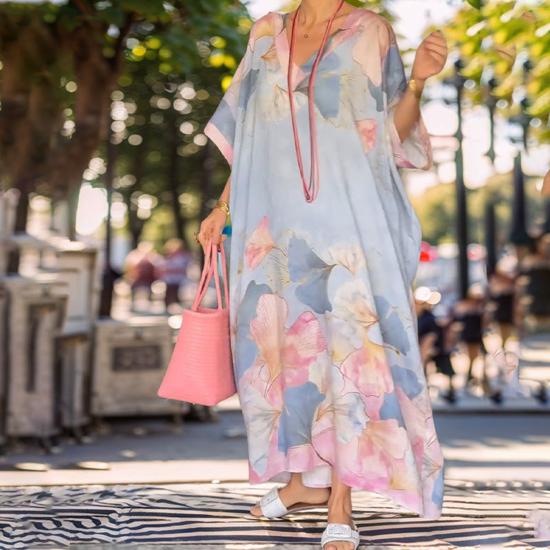 Lange jurk met bloemenprint en halve mouwen