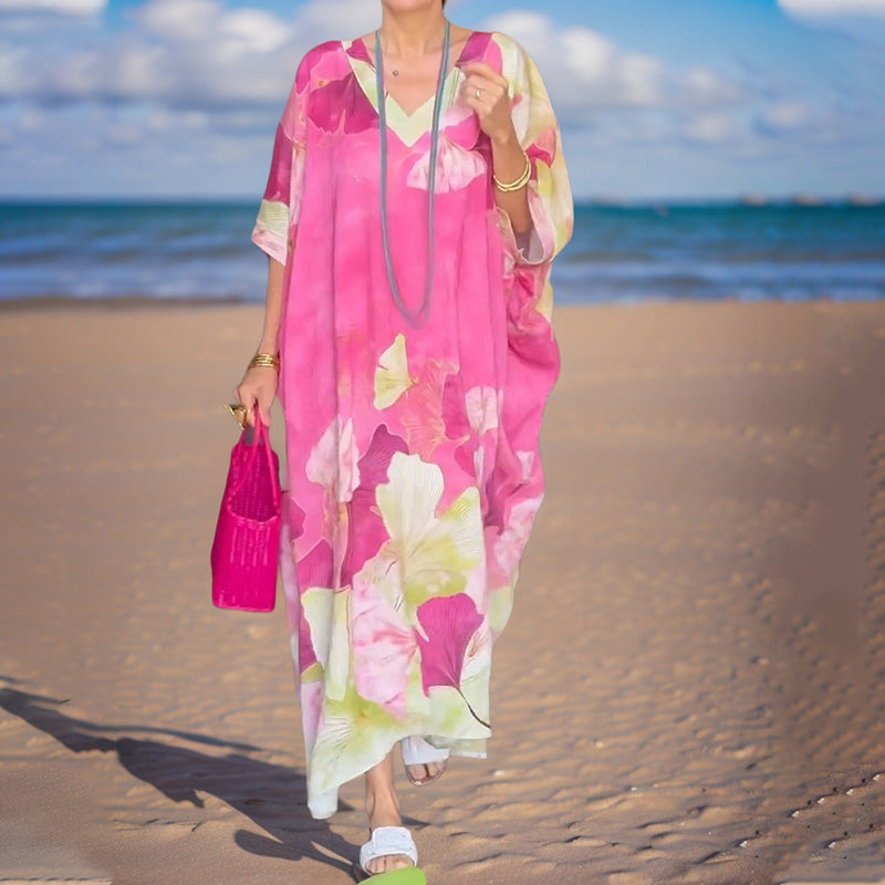 Lange jurk met bloemenprint en halve mouwen