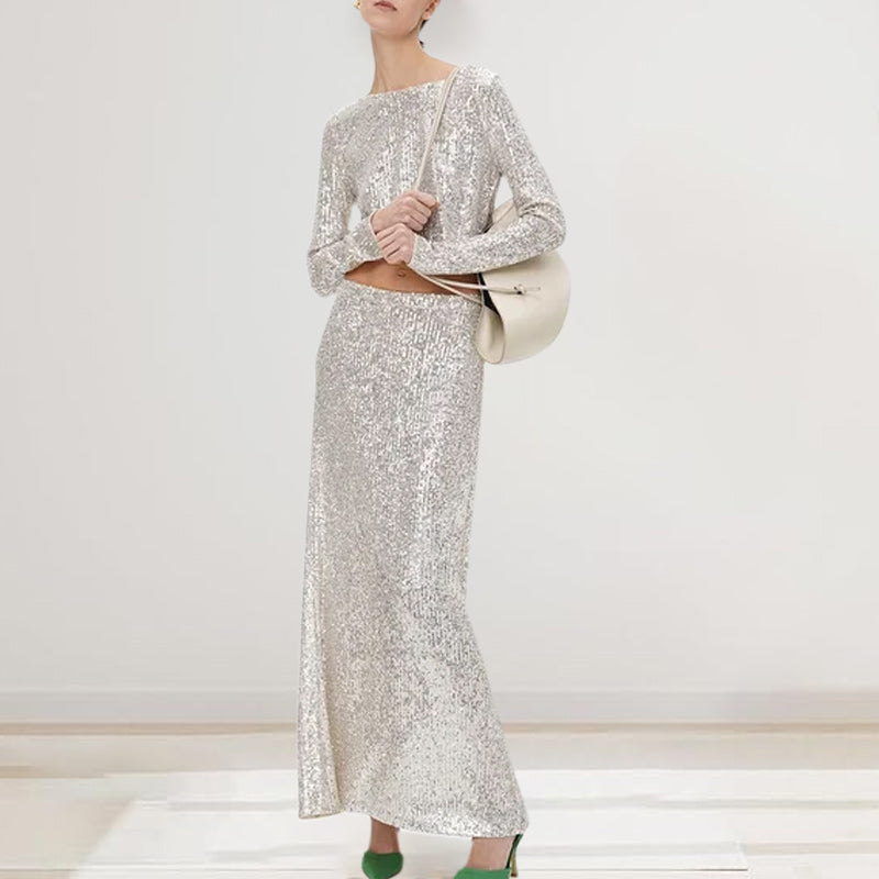 Sequin Long Sleeve Top & Skirt Set