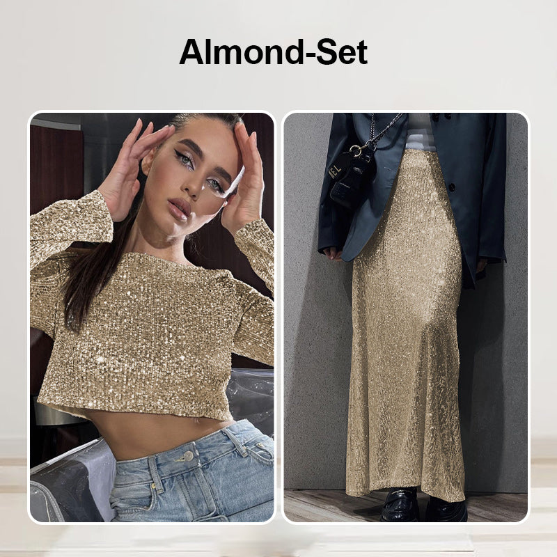 Sequin Long Sleeve Top & Skirt Set