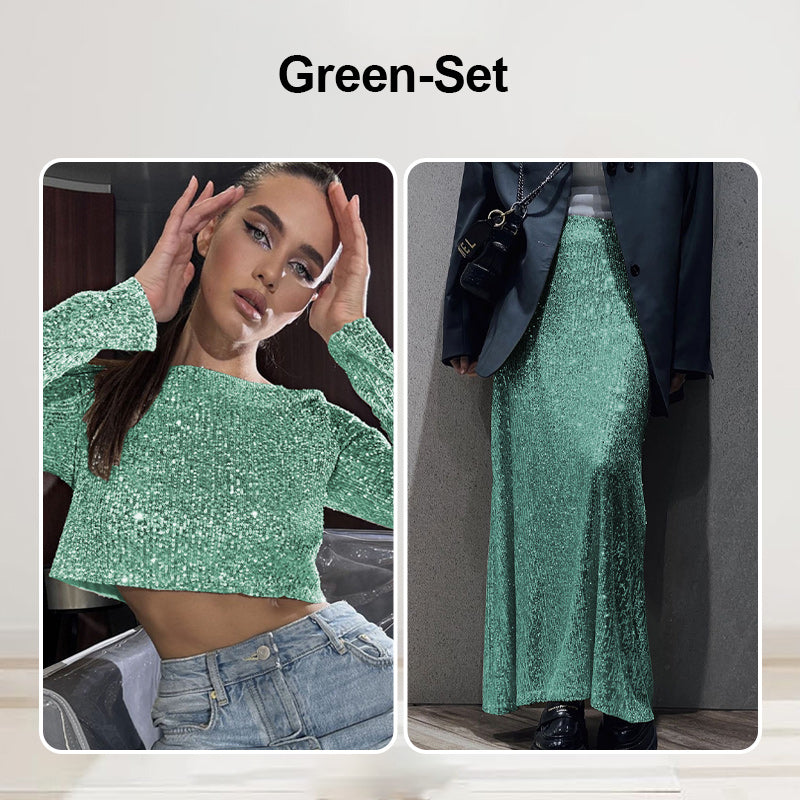 Sequin Long Sleeve Top & Skirt Set