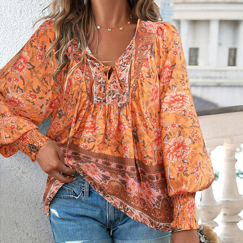 šLaatste dag uitverkoop. 50% kortingšVrouwelijke modieuze bedrukte V-hals lange mouw shirt