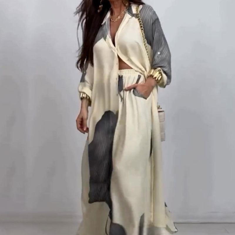 Volledige Knoopsluiting Lang Shirt & Trekkoord Broek Set