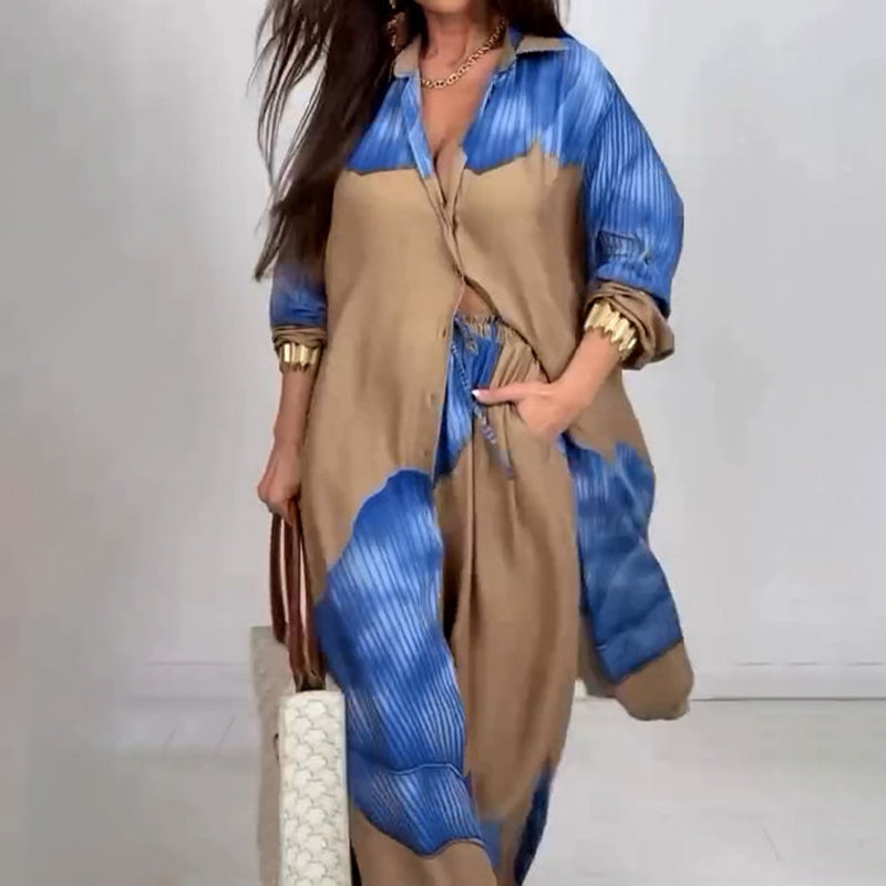 Volledige Knoopsluiting Lang Shirt & Trekkoord Broek Set
