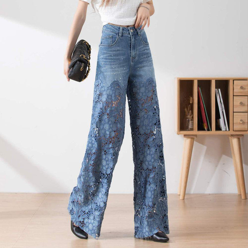 Blauwe jeans met hoge taille voor dames, wijde pijpen, gatenpatroon en kanten inzetstukken