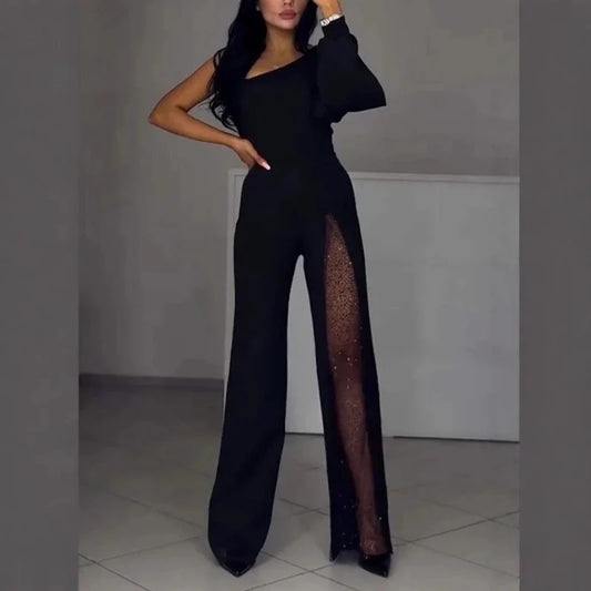 Women's fashionable and sexy jumpsuit with sloping shoulders and high slit