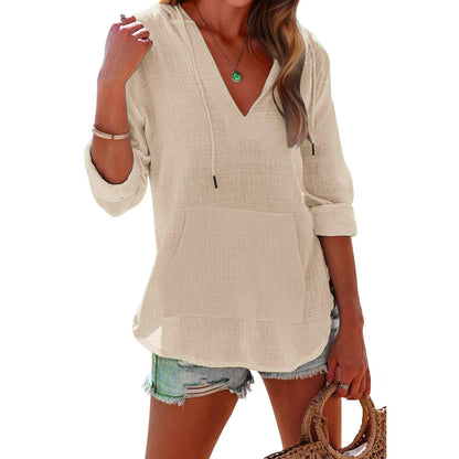 ⏰Tijdelijke korting - 50% Korting🏖️Vrouwen Oversized Kapuzen Beach Cover Up - Langermelige V-hals T-shirt met zakken