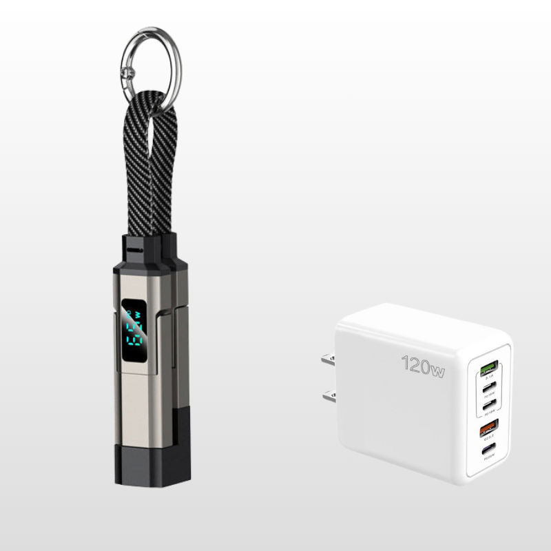 🔌 4-in-1 Oplaadkabel met Digitaal Display & Sleutelhanger – Snelladen, Knikbestendig & Compact