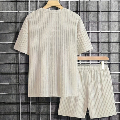 Zomerse 2-delige set voor heren – T-shirt met verlaagde schouders en korte broek met trekkoord