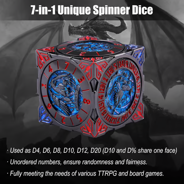 2025 New DND Fidget Spinner DICE: 7-in-1 Metal DND Dice Cube – 6-Sided Rotating Polyhedral Dice, Tabletop RPG Accessory for DMs and Player