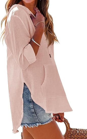 ⏰Tijdelijke korting - 50% Korting🏖️Vrouwen Oversized Kapuzen Beach Cover Up - Langermelige V-hals T-shirt met zakken