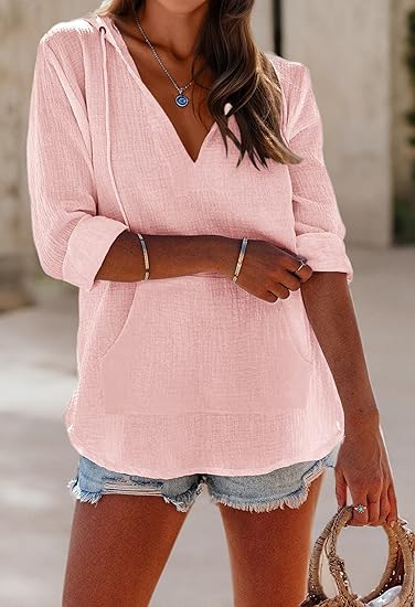 ⏰Tijdelijke korting - 50% Korting🏖️Vrouwen Oversized Kapuzen Beach Cover Up - Langermelige V-hals T-shirt met zakken