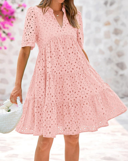 ⏰2025 Hot Sale - Damen Elegante Hollow Out Spitze Rüsche Casual Mini Kleider