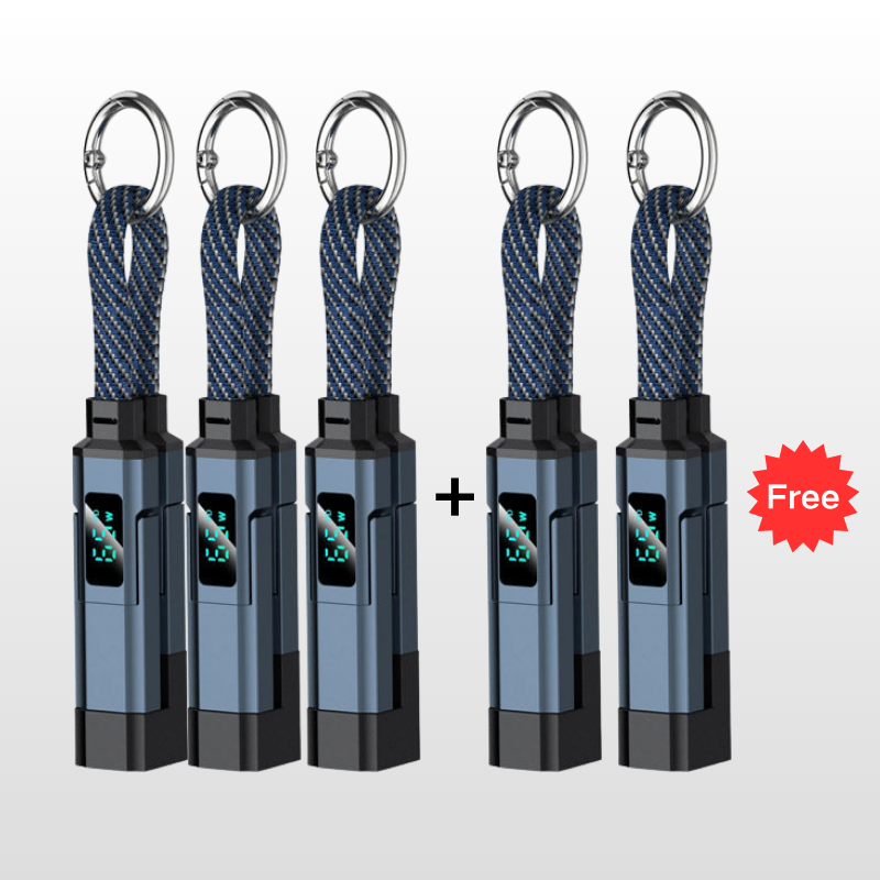 🔌 4-in-1 Oplaadkabel met Digitaal Display & Sleutelhanger – Snelladen, Knikbestendig & Compact