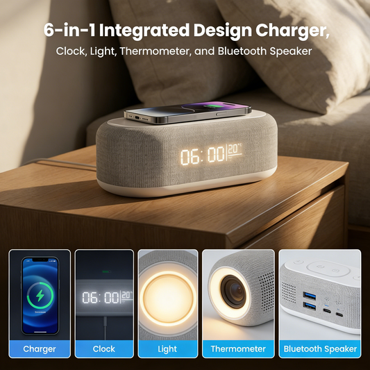 💘Tijdelijke Aanbieding: 50% Korting! 🔋6-in-1 Draadloos Laadstation 25W – Klok, Wekker, Bluetooth Speaker & Nachtlampje | All-in-One Nachtkastje!