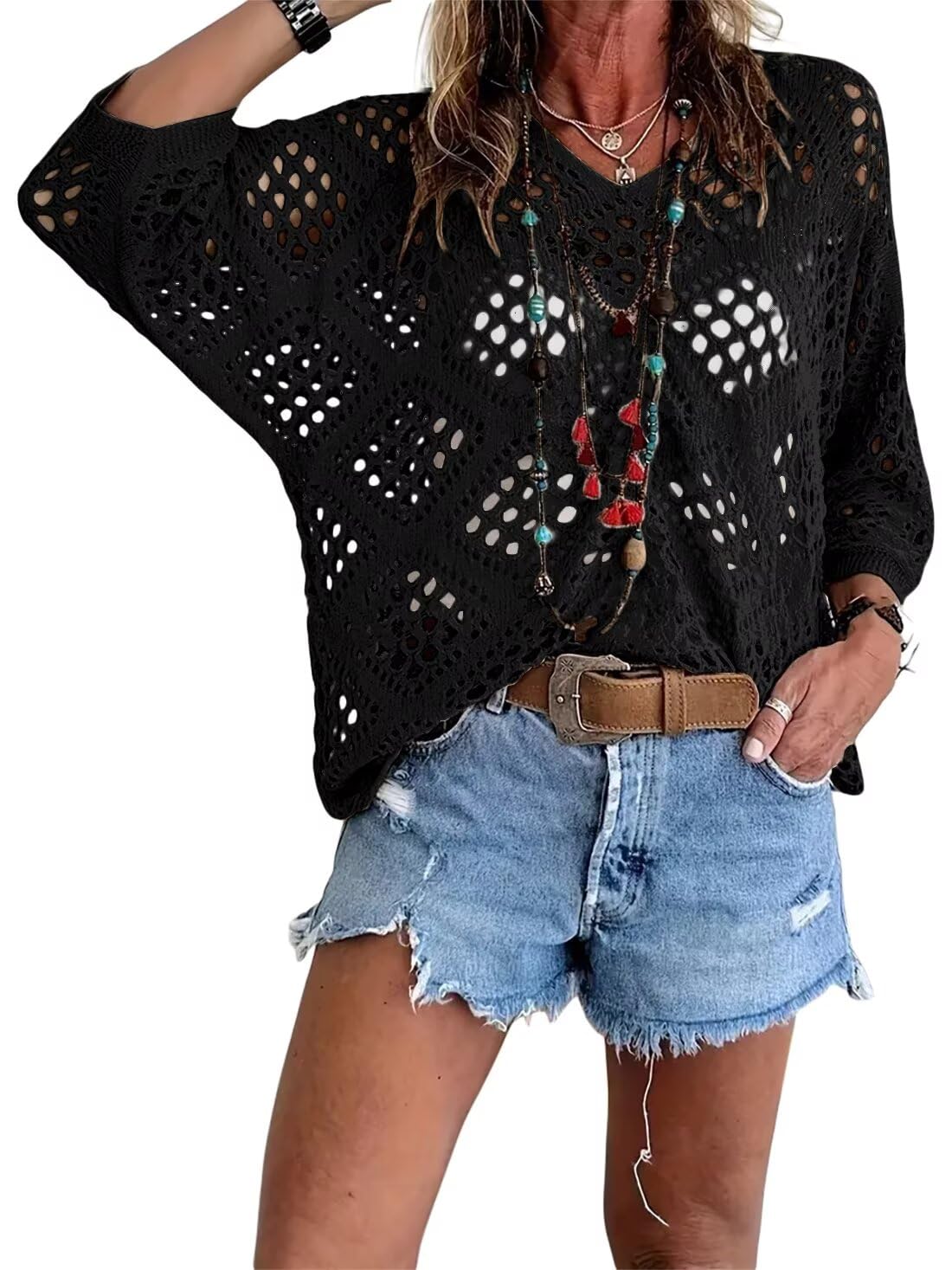 ⏰ 50% korting 🔥 Hot Sale - Dames top in bohemian stijl met beige haakwerk en V-hals