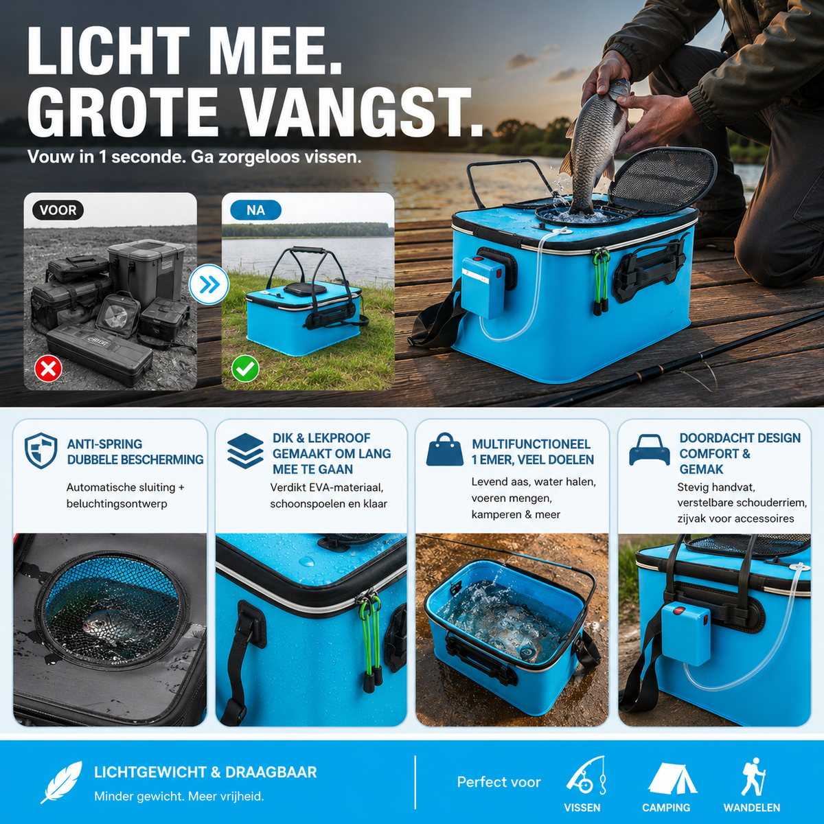 🔥Sommer-Hot-Sale 50% Rabatt🔥Opvouwbare Visemmer | Anti-Vis Sprong | 100% Waterdicht | Duurzaam & Draagbaar | Voor Wandelvissen & Kamperen