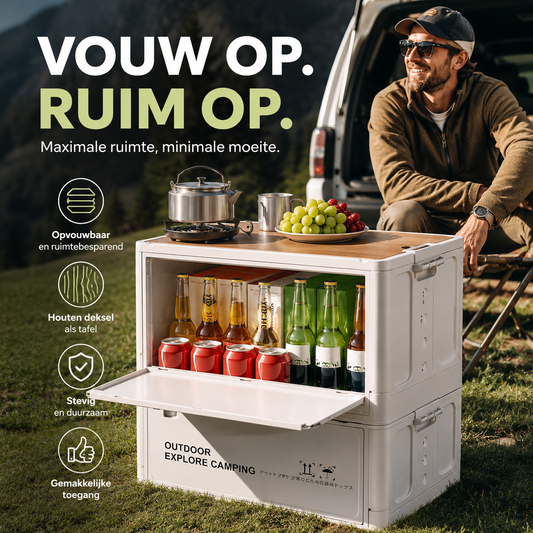☀️ Zomer 50% KORTING 🏕️2-in-1 Opvouwbare Kampeer Opbergbox met Tafelblad | Driedubbele opening, zeer ruim, eenvoudig toegankelijk