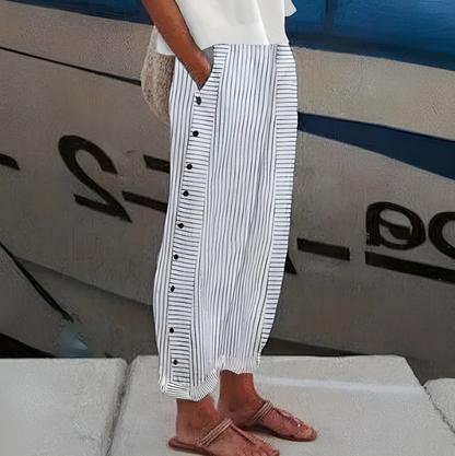 ☀️Lente-uitverkoop: 50% KORTING!!🌿🌸Comfortabele blauwe broek met strepen en zijzakken