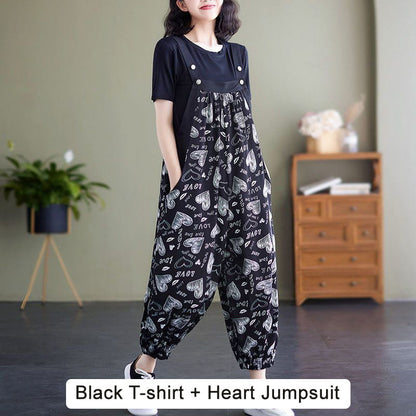 💕Ontspannen en losse tweedelige set - jumpsuit met zakken en effen t-shirt