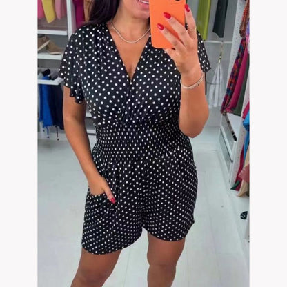 Polka Dot V-Neck One-piece Shorts Jumpsuit