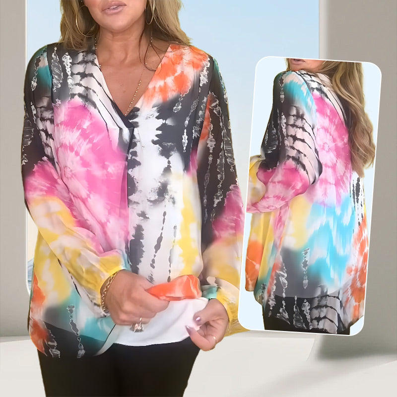 Tie-Dye Printed V-Neck Long Sleeve Shirt