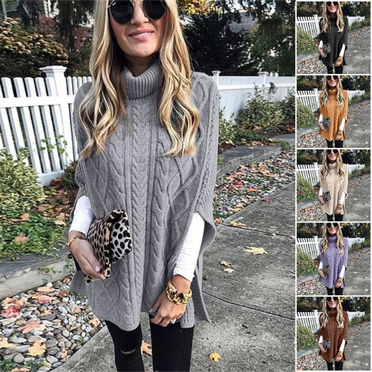 Women's Turtleneck Poncho Sweater with Cable Knit