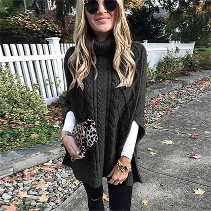 Women's Turtleneck Poncho Sweater with Cable Knit