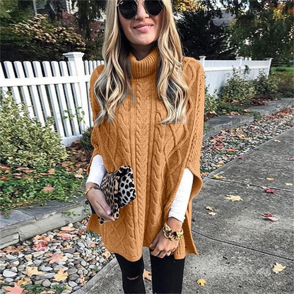 Women's Turtleneck Poncho Sweater with Cable Knit