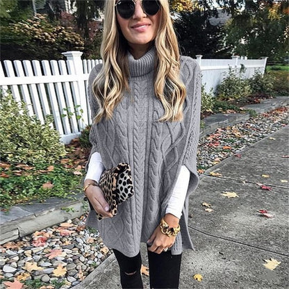 Women's Turtleneck Poncho Sweater with Cable Knit