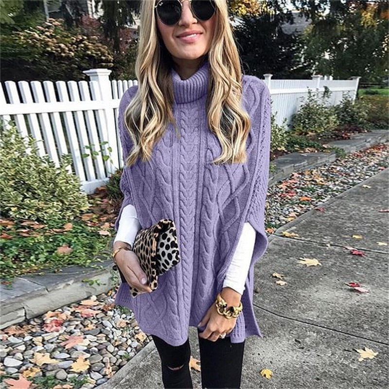 Women's Turtleneck Poncho Sweater with Cable Knit