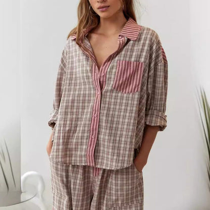 Women's Plaid Shirt & Pants 2-Piece Pajama Set