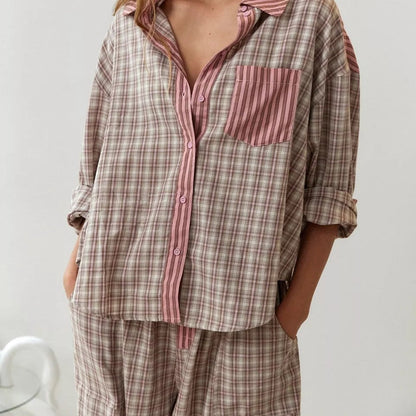 Women's Plaid Shirt & Pants 2-Piece Pajama Set