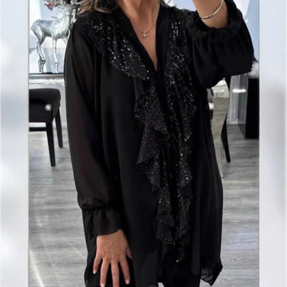 🔥What should I wear tomorrow?💃Women's V-Neck Chiffon Sequin Long Sleeve Shirt