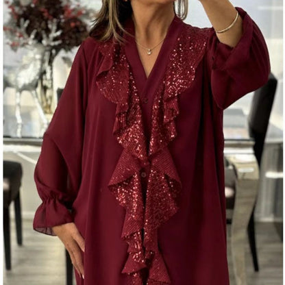 🔥What should I wear tomorrow?💃Women's V-Neck Chiffon Sequin Long Sleeve Shirt