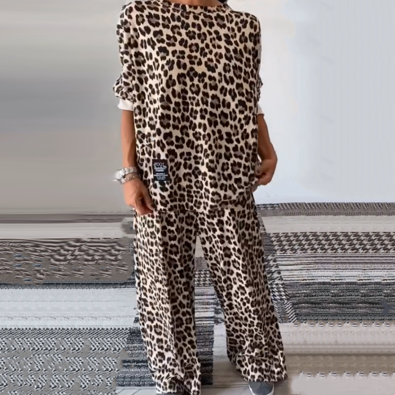 🎉Happy New Year! 50% OFF 🛍️Round-Neck Leopard Print Tops ＆ Pants Two-Piece Set