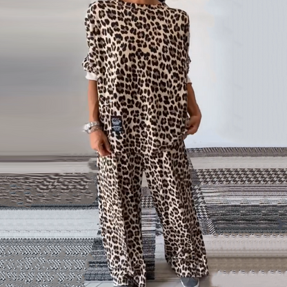 🎉Happy New Year! 50% OFF 🛍️Round-Neck Leopard Print Tops ＆ Pants Two-Piece Set