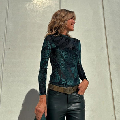 Women's Embroidered Bodysuit Long Sleeve Top