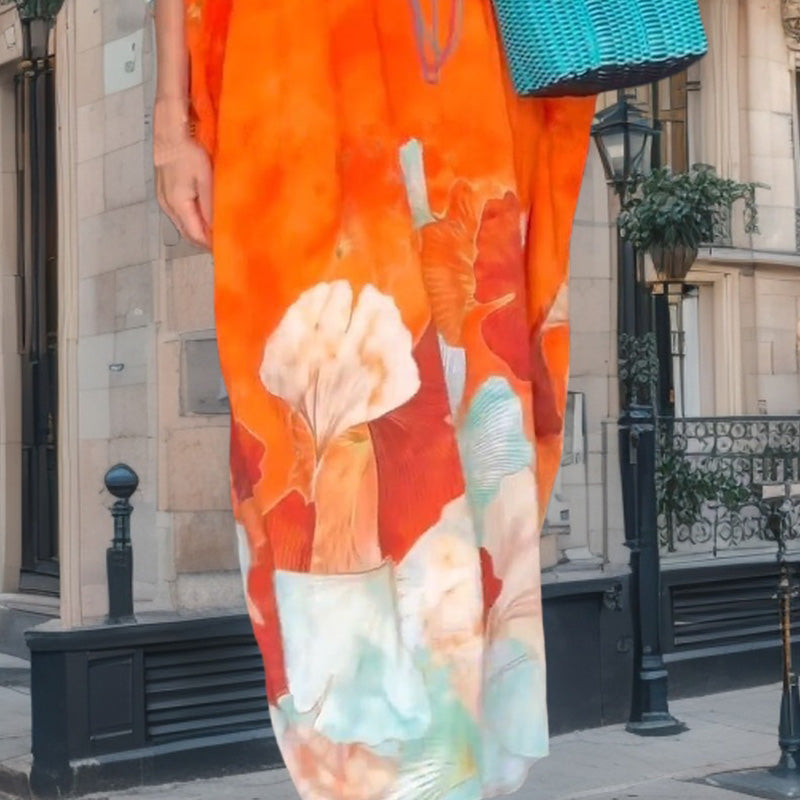 Lange jurk met bloemenprint en halve mouwen