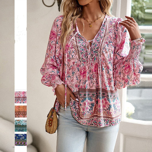 💖Laatste dag uitverkoop. 50% korting💖Vrouwelijke modieuze bedrukte V-hals lange mouw shirt