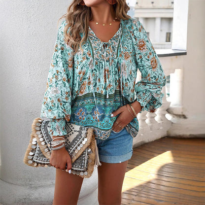💖Laatste dag uitverkoop. 50% korting💖Vrouwelijke modieuze bedrukte V-hals lange mouw shirt