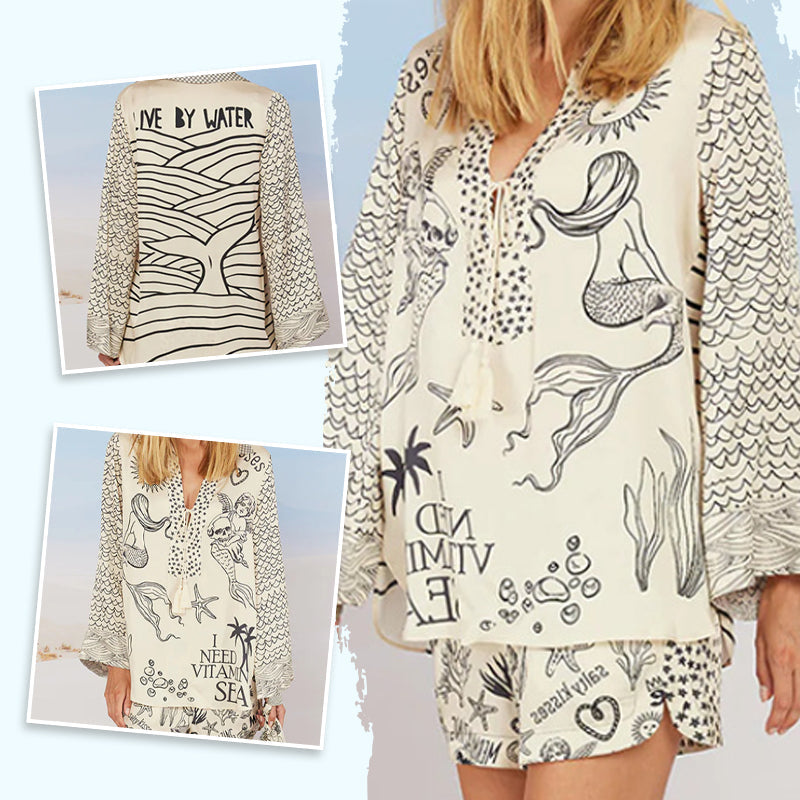 💕2025 HOT SALE 50% UIT💕 Satijnen Unieke Letter Print Kwastjes Shirt en Elastische Taille Korte Set