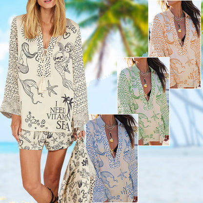 💕2025 HOT SALE 50% UIT💕 Satijnen Unieke Letter Print Kwastjes Shirt en Elastische Taille Korte Set